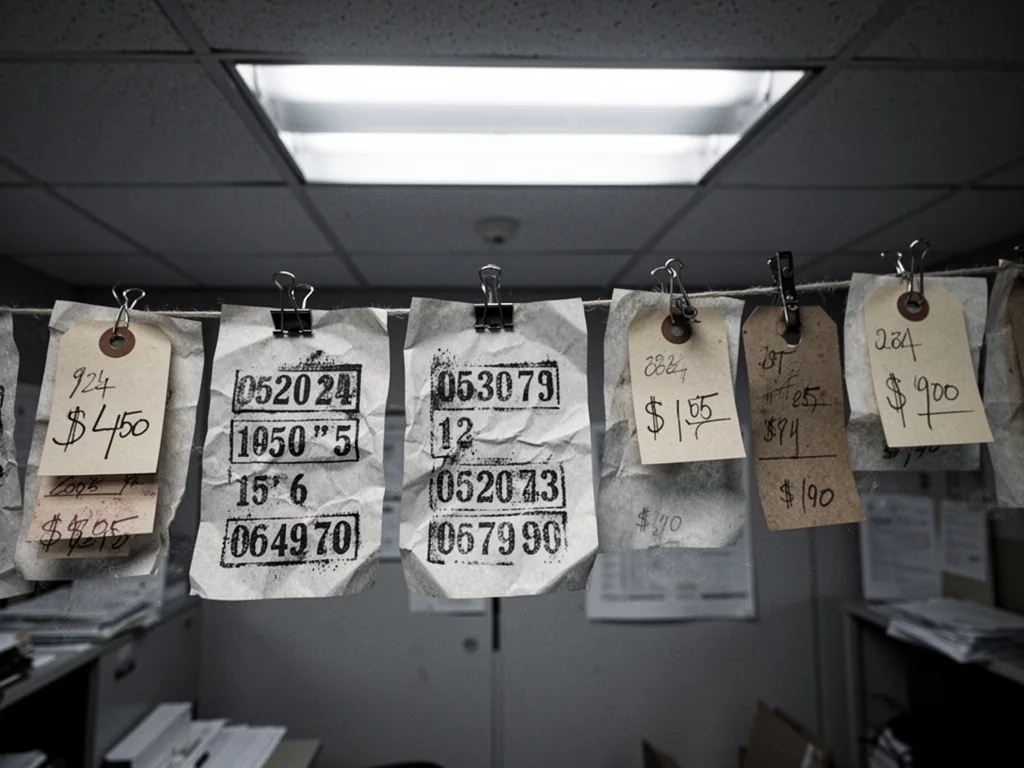 A row of postal code numbers stamped on wrinkled paper slips, each with a different price tag attached, harsh fluorescen