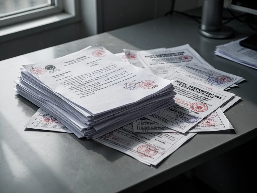A stack of official letters with red cancellation stamps and suspension notices spread on a metal desk, soft window ligh