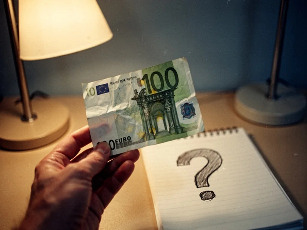 A crumpled 100 euro note held between two fingers, a hand-drawn question mark on a notepad beside it, soft warm desk lam