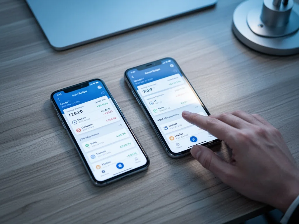 Two smartphones side by side on a wooden desk, each showing a budget app interface, a hand pointing to one screen, soft 