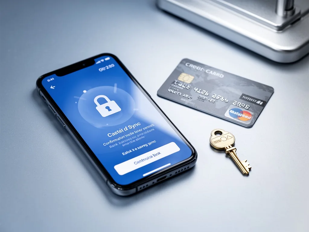 A smartphone screen displaying a bank sync confirmation with a padlock icon, a credit card and a small key placed next t