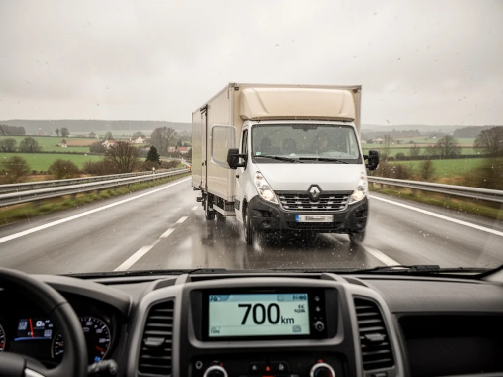 A white delivery van driving on a wet highway, dashboard screen showing 700km, blurred French countryside, overcast sky,