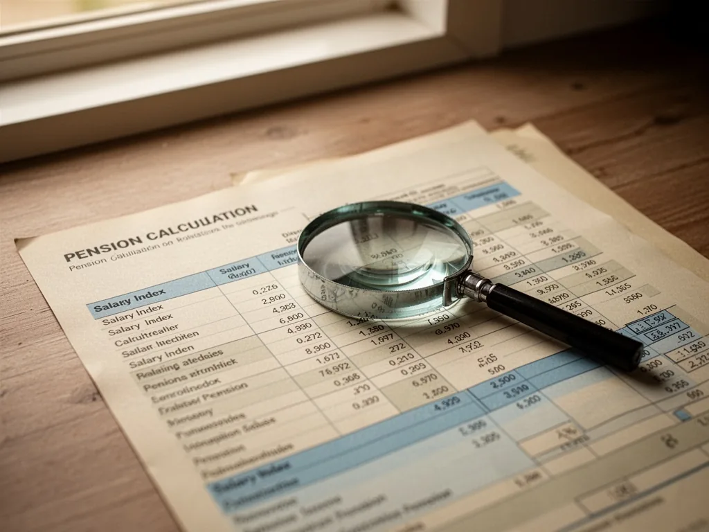 A paper pension calculation sheet with a magnifying glass resting on the salary index column, on a wooden desk, soft win