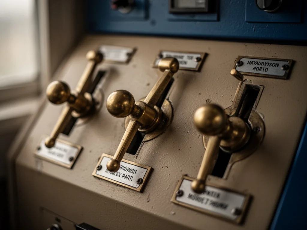 Three brass levers mounted on a control panel, each with a small label, shallow focus on the middle lever, dim diffused 
