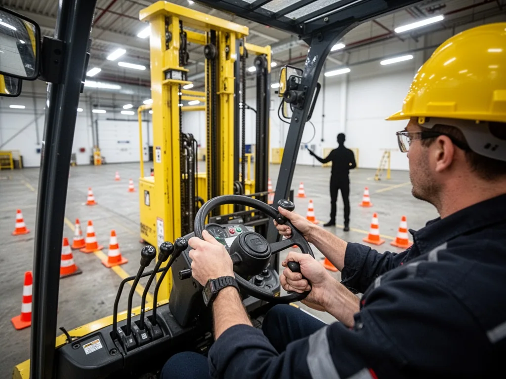 A forklift operator's hands gripping steering wheel and levers, yellow mast and safety cones on concrete floor, instruct
