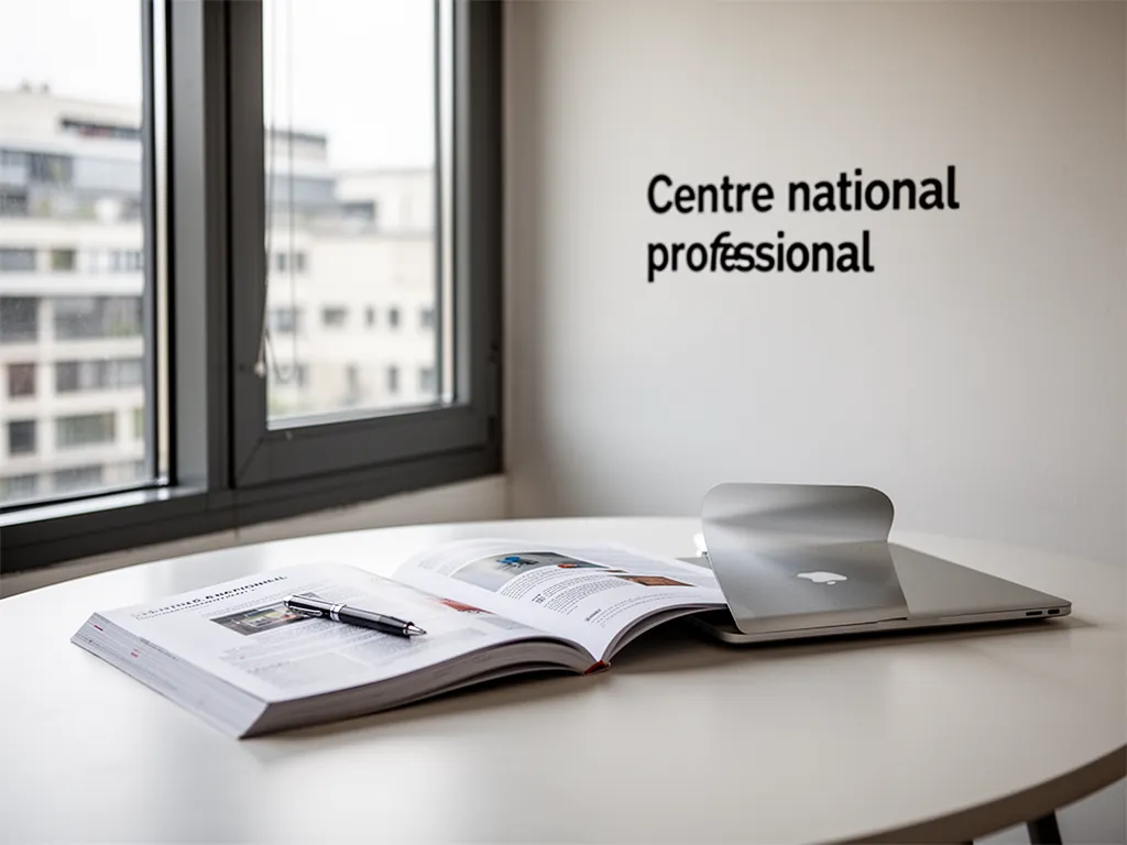 Une salle de formation vide et ordonnée, avec des tables disposées en U et un paperboard au fond, lumière neutre.