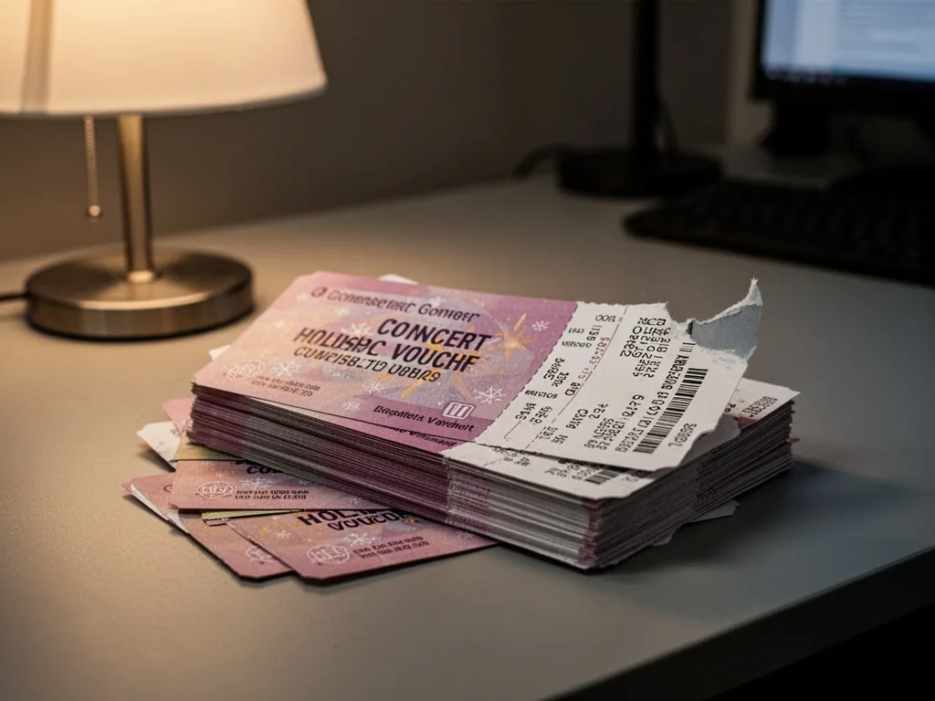 A stack of concert tickets and holiday vouchers on a desk, a torn corner revealing fine print, soft lamp light