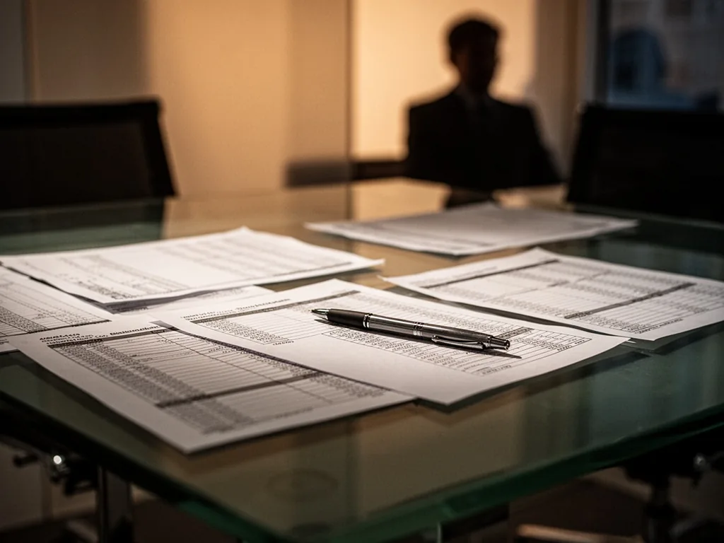 A glass table with budget spreadsheets and a single pen, blurred silhouette of a person in the background, warm light