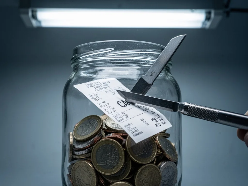 A clear glass jar half-filled with euro coins, a steel scalpel blade slicing a paper receipt labeled 'CA', overhead fluo