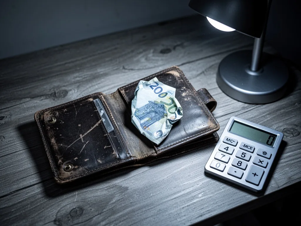 A worn leather wallet lying open on a wooden table, a single crumpled twenty-euro bill inside, a small calculator with m