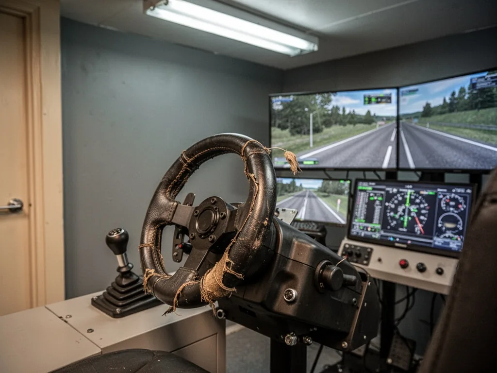 A driving simulator steering wheel with a worn leather cover and gear shift, dashboard screens showing a virtual road, m