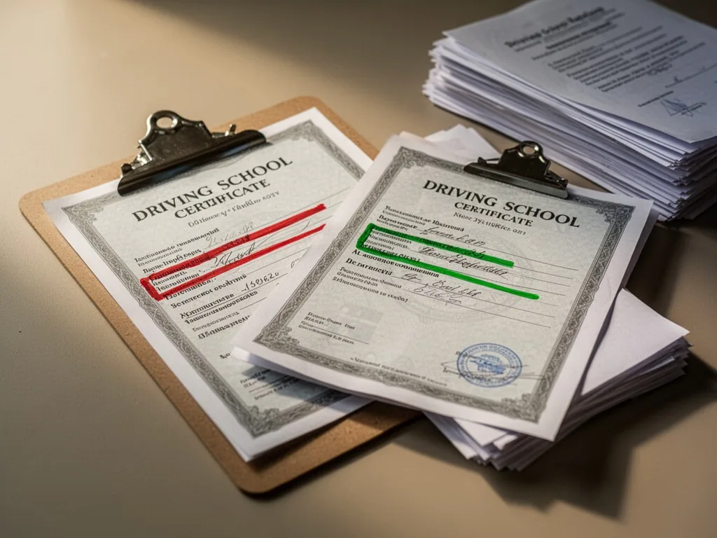 Two different driving school certificates on a clipboard, one with a red highlighter mark, one with a green, stacks of p