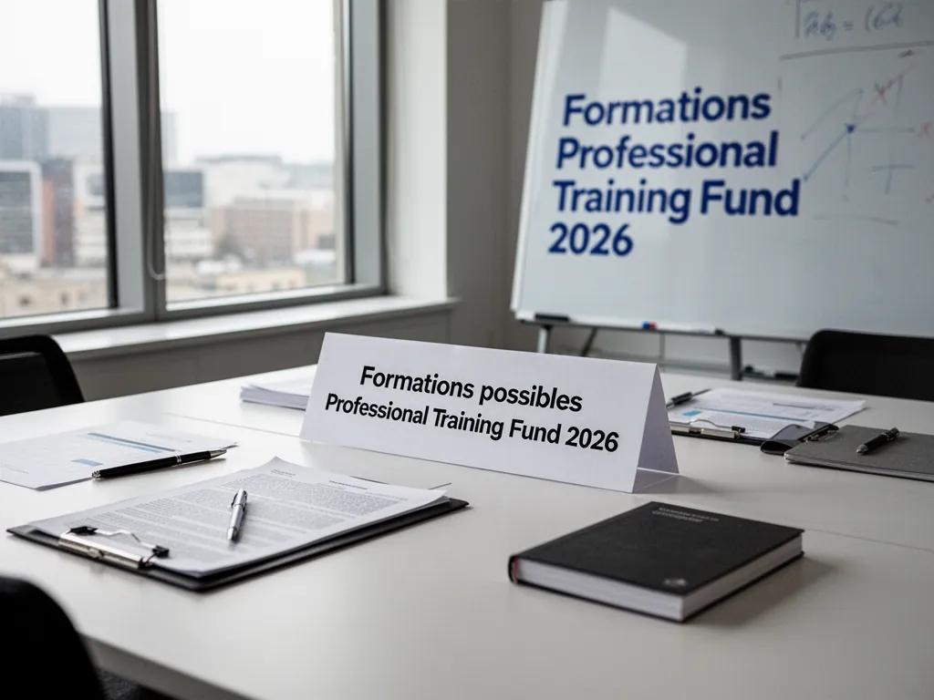 Écran d'ordinateur affichant l'interface MonCompteFormation avec une liste de formations, à côté d'un carnet et d'un stylo, lumière tamisée.