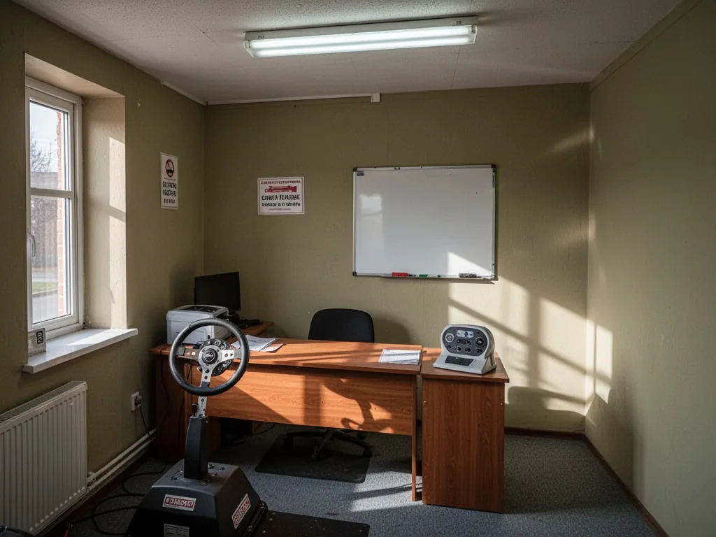 A compact driving school office with a wooden desk, a steering wheel trainer, and a small whiteboard, fluorescent ceilin