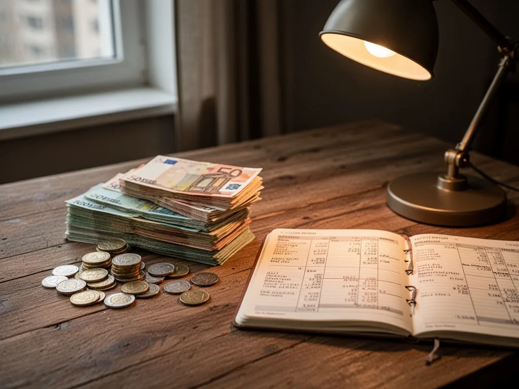 A stack of euro banknotes and coins on a wooden table beside an open notebook with financial calculations, warm desk lam