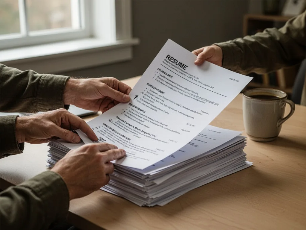 A pair of hands flipping through a stack of resumes on a desk, next to a coffee cup, soft natural light from a window