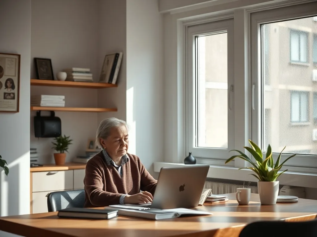 Un bureau lumineux avec un ordinateur portable affichant un plan d'affaires pour une auto-école, une tasse de café et des documents administratifs posés à côté