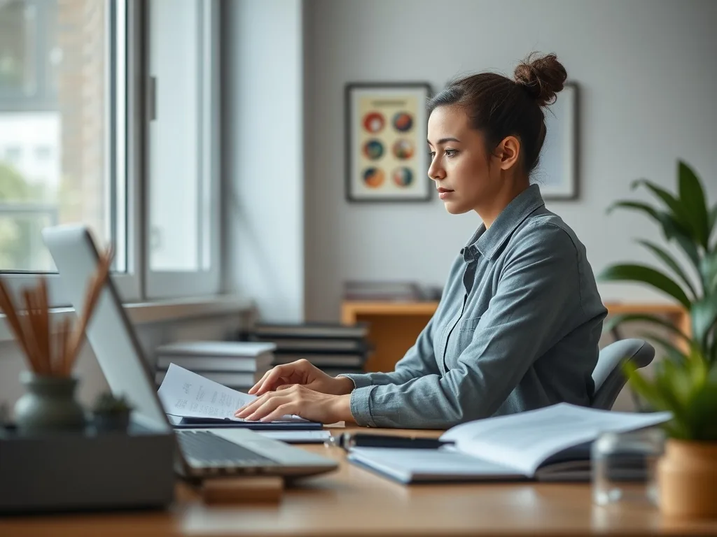 Bureau avec ordinateur portable affichant le site de l'INPI, dossier de création d'entreprise et stylo, évoquant les démarches administratives pour se lancer sans diplôme.