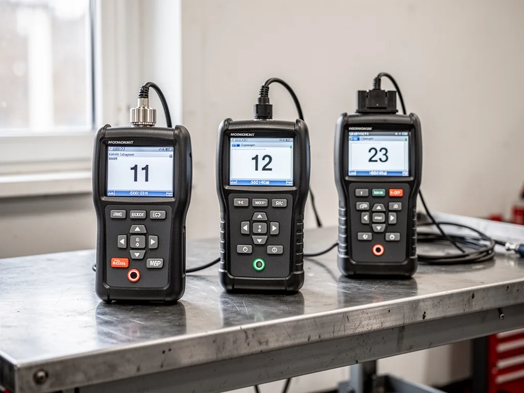 Three automotive diagnostic tools lined up on a metal workbench, each with a numbered badge, soft window light, clean ba