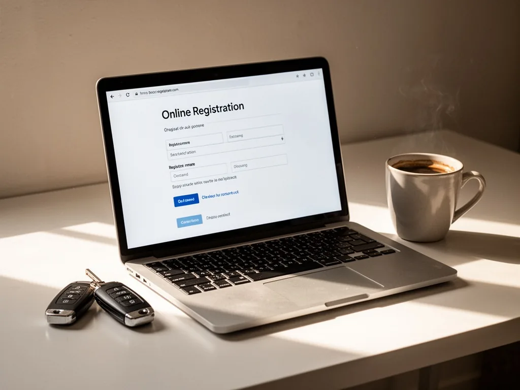 A laptop screen displaying an online registration form, car key and coffee cup beside it, morning sunlight across the de