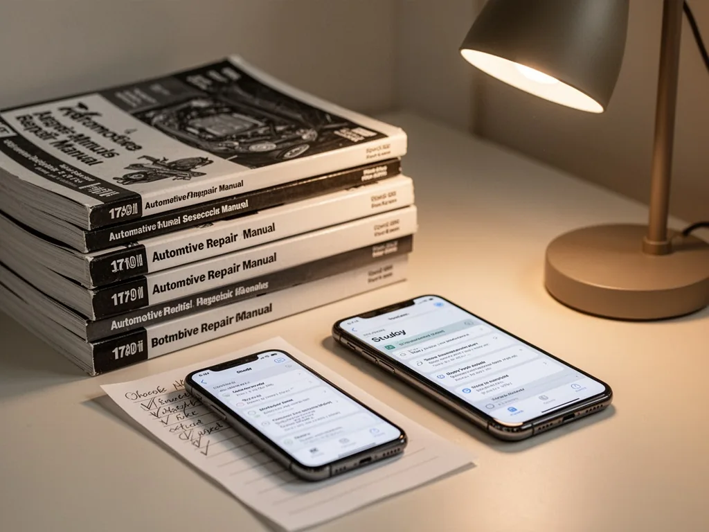 A stack of automotive repair manuals, a smartphone with a study app open, a handwritten checklist, warm desk lamp glow