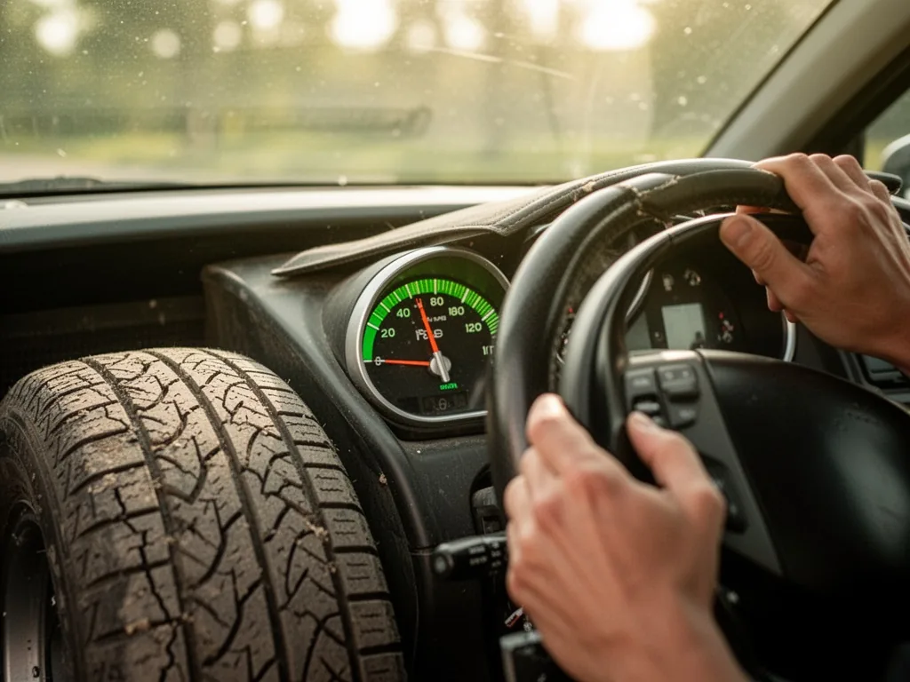 A car's fuel gauge needle resting in the green zone, a worn tire tread beside it, a hand gently gripping the steering wh