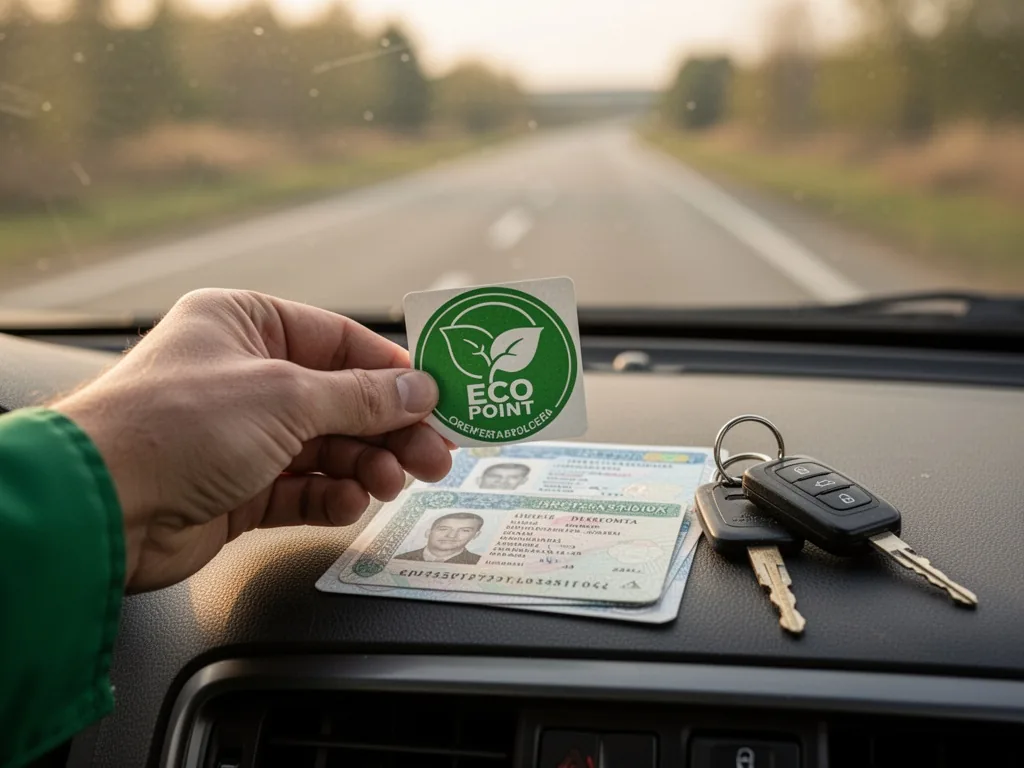 A driving instructor's hand holding a green eco-point sticker over a driver's license on a car dashboard, car keys next 