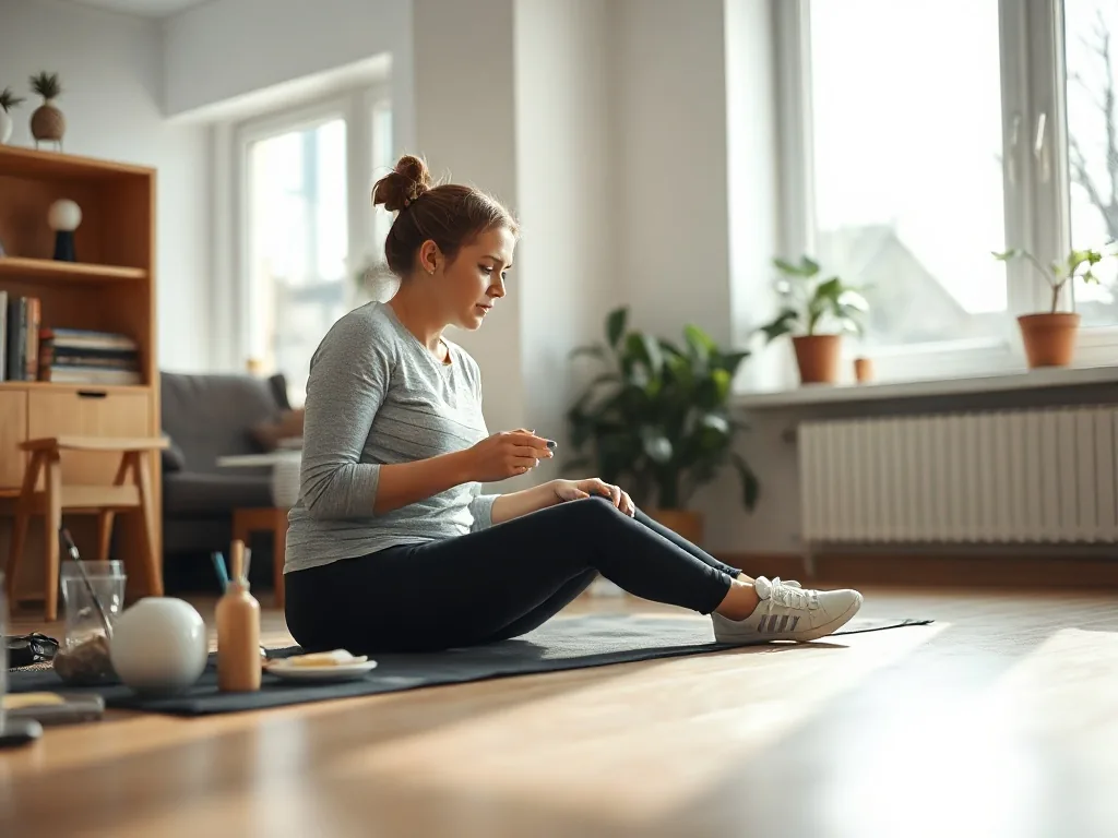 Personne en position de mobilité des hanches au sol, dans un salon lumineux, avec un tapis de sol et une plante verte en