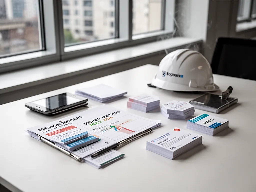 Une personne consulte des fiches métiers sur un ordinateur avec un carnet de notes ouvert sur un bureau