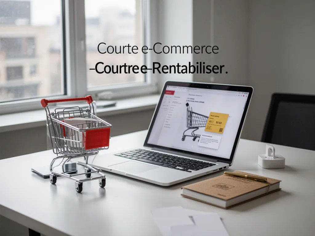 Un ordinateur portable ouvert sur une page de boutique en ligne, notes manuscrites et un café à côté