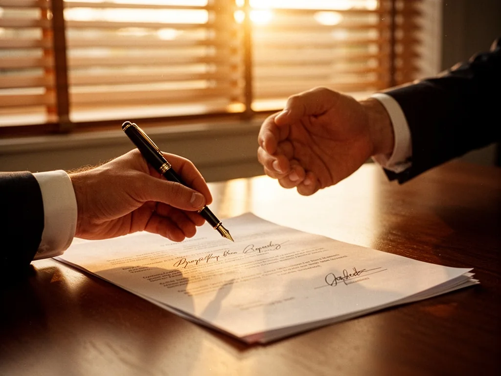 A real estate agent's hand holding a fountain pen above a freshly signed contract on a wooden desk, another hand reachin