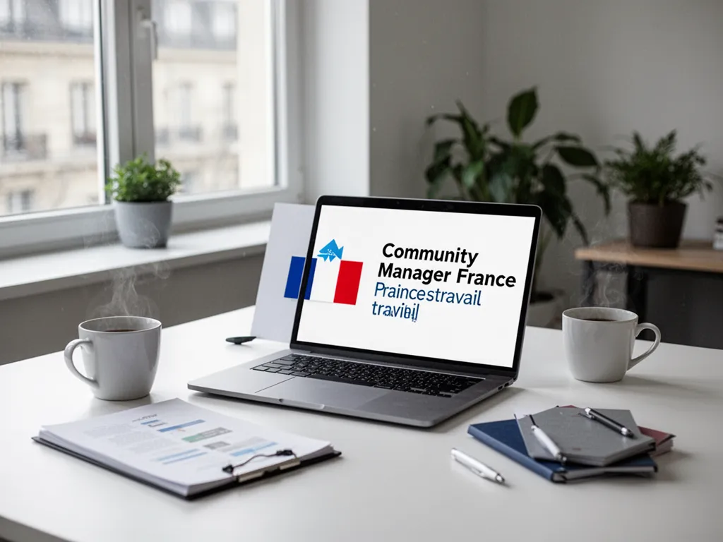 Un bureau avec un ordinateur portable affichant un tableau de bord de réseaux sociaux, un carnet de notes ouvert, et une tasse de café à côté d’un smartphone.