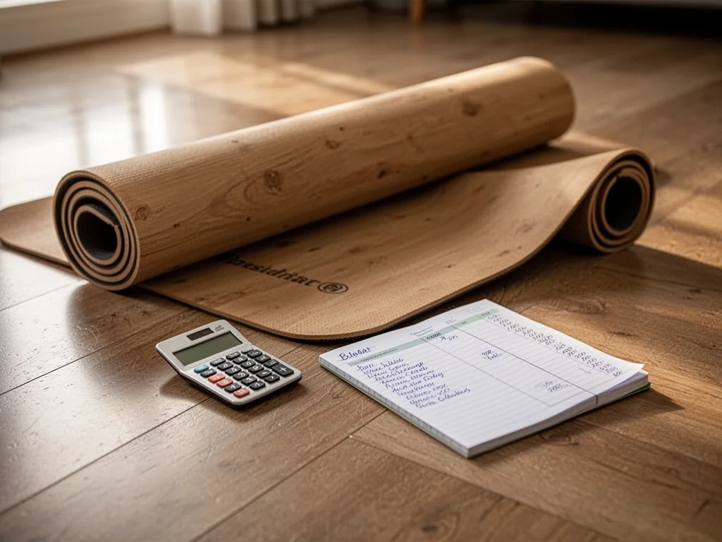 A wooden yoga mat unrolled on a polished floor, a small calculator and a handwritten budget notebook beside it, soft mor