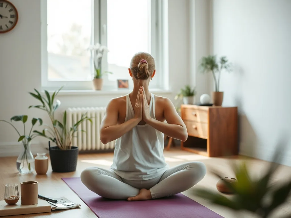 Un tapis de yoga, des blocs en liège et un carnet de formation ouvert sur une table en bois, avec une lumière naturelle douce.