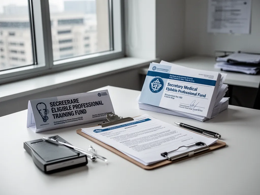 Une femme travaille sur un ordinateur avec un carnet, dans un environnement de bureau administratif sobre