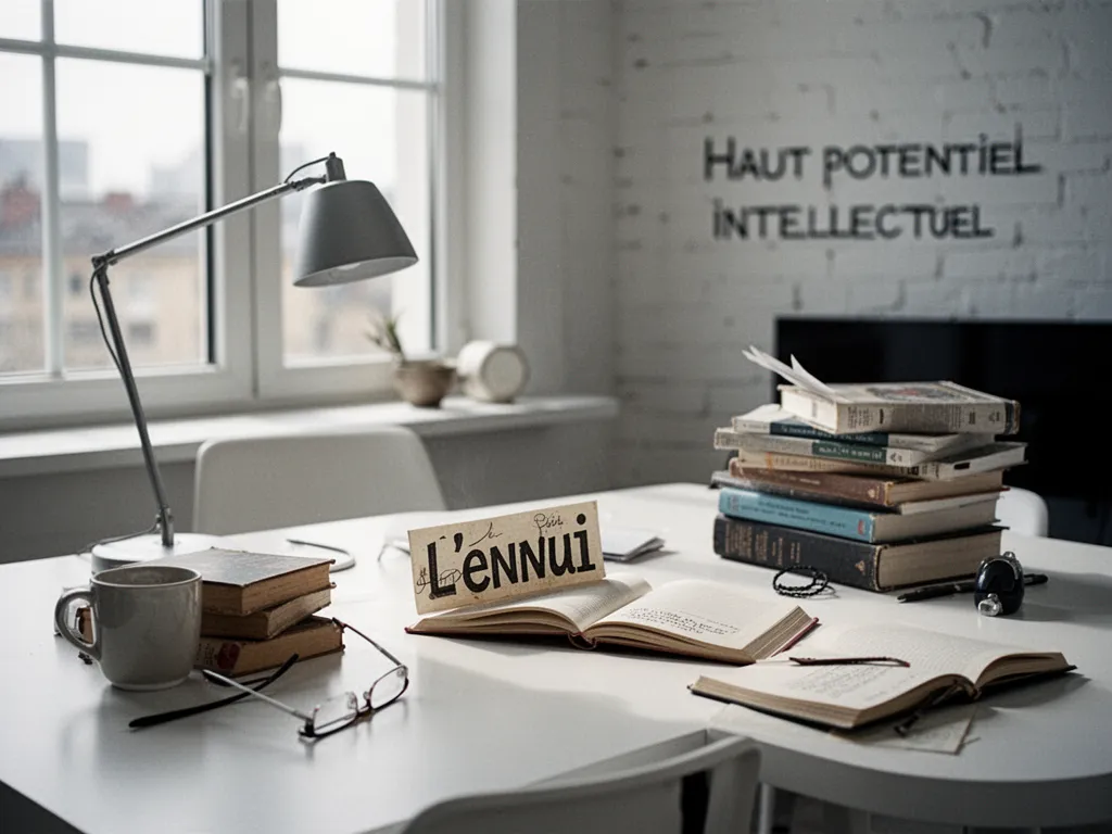 Personne assise à un bureau, regard perdu vers la fenêtre, carnet ouvert et stylo posé