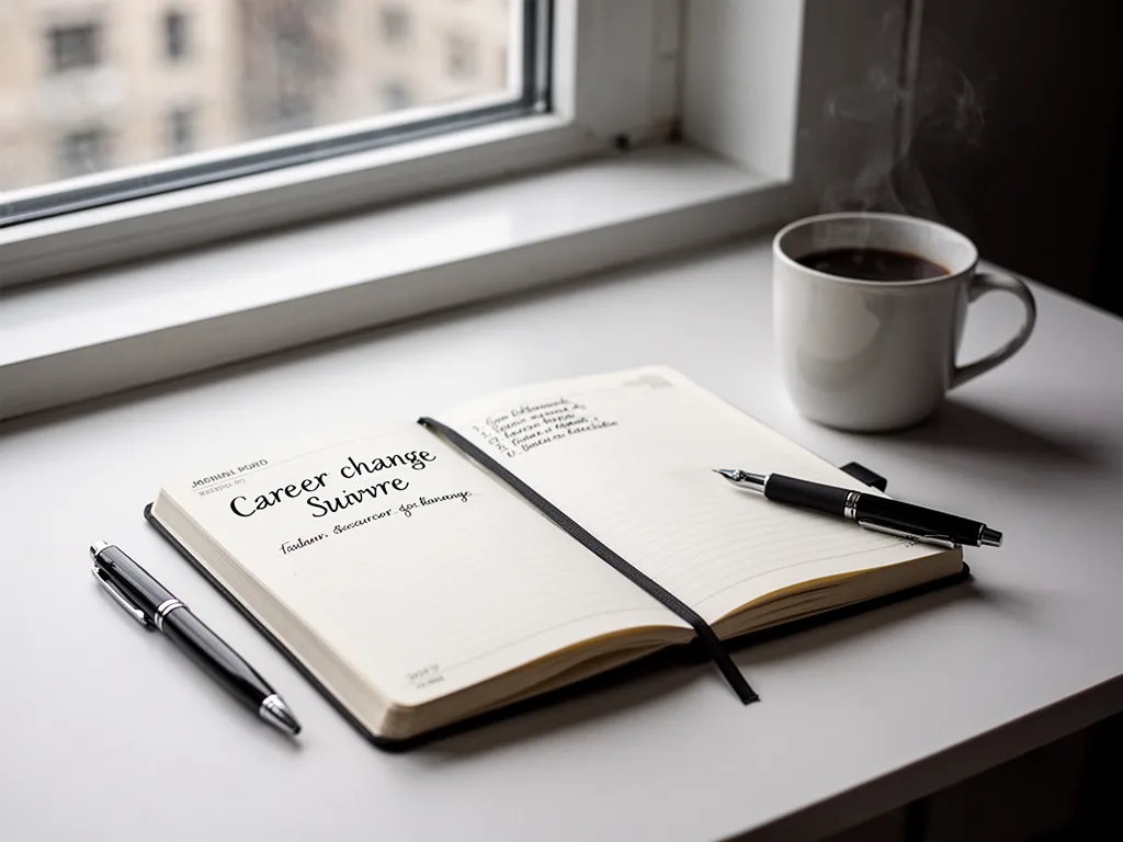 Un carnet ouvert sur un bureau avec un stylo, des notes manuscrites et une tasse de café