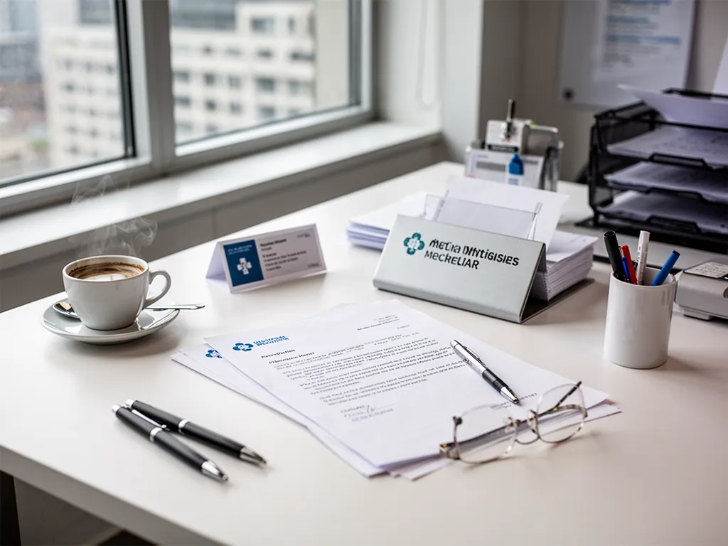 Bureau d'accueil d'un cabinet médical avec un agenda papier ouvert et un téléphone fixe