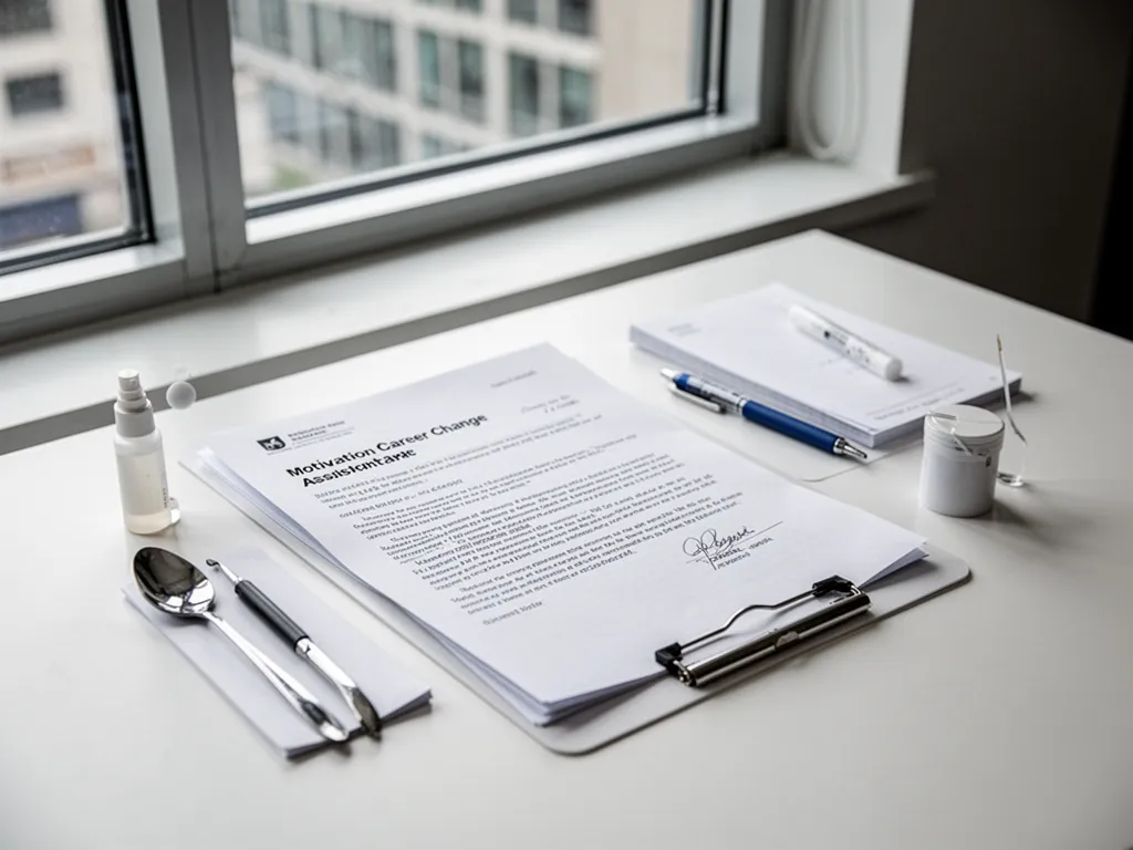 Bureau de cabinet dentaire vu de dessus avec stylo, lettre manuscrite et lunettes posées sur un dossier ouvert