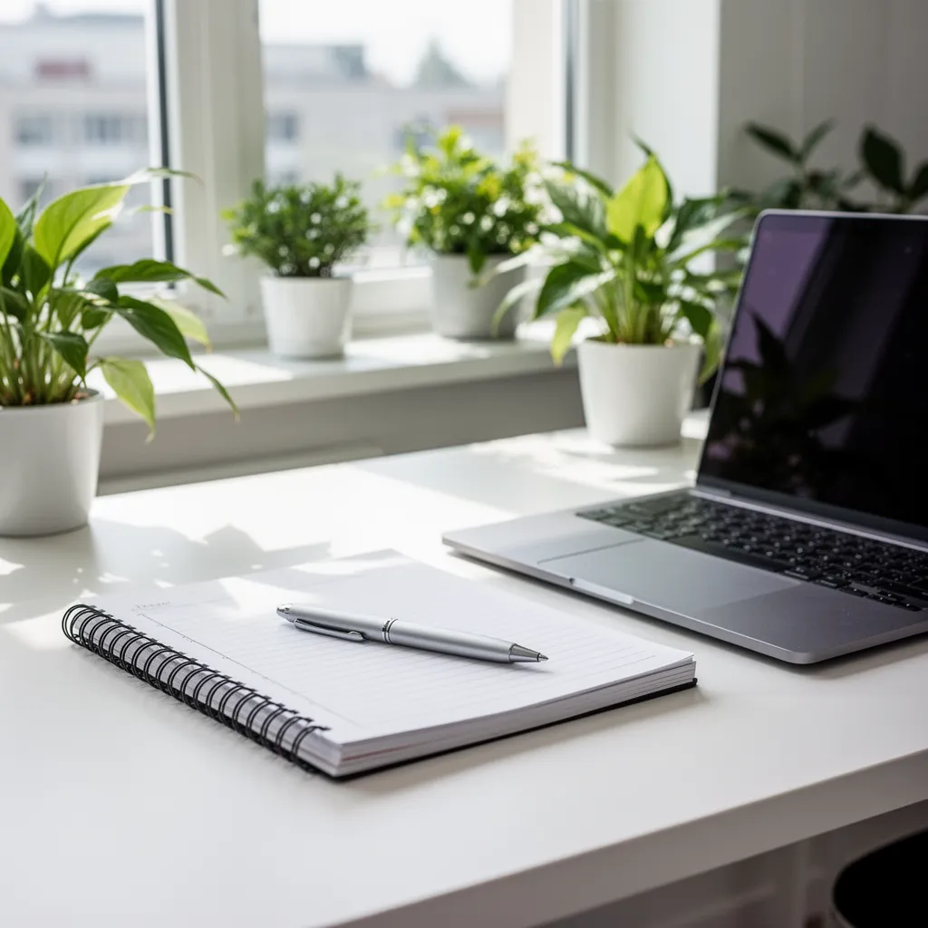 Une personne rédigeant un e-mail de candidature sur un ordinateur portable, carnet ouvert et tasse de café à côté