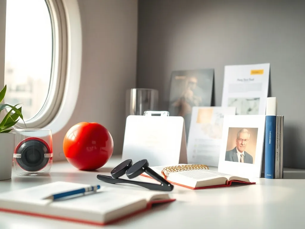 Un bureau d'ingénierie avec un plan d'aéronef, un clavier, des notes techniques et une tasse de café, éclairé par une lampe