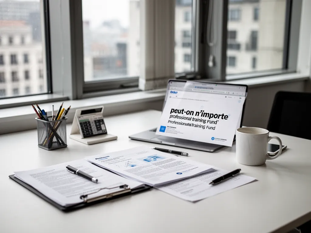 Une main feuilletant une brochure de formation sur un bureau épuré