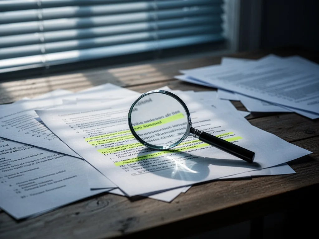 A wooden desk with scattered exam papers, a magnifying glass over highlighted text, soft morning light filtering through