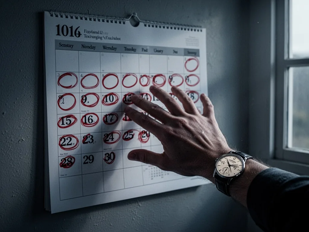 A wall calendar with red circled dates, a frantic hand reaching toward it, a wristwatch with ticking second hand, dim af