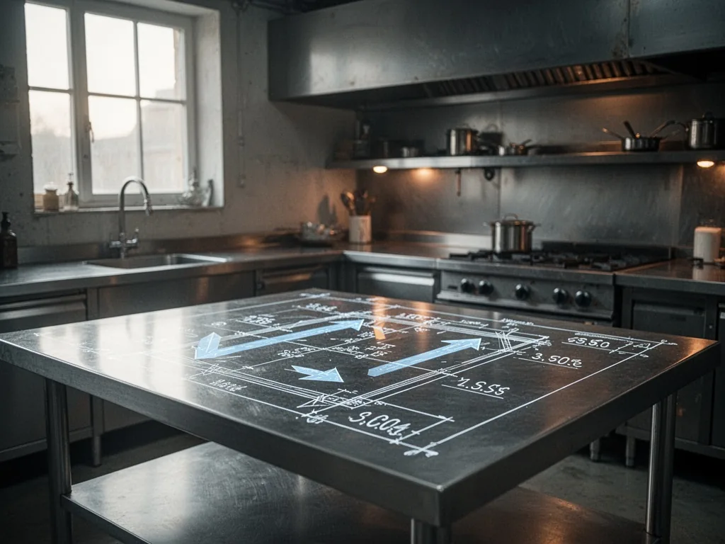 A stainless steel kitchen counter with a blueprint overlay showing arrows and cost figures, soft morning light from a wi