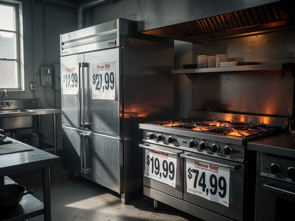 A commercial stainless steel refrigerator beside a gas range with glowing burners, both displaying large price tags, sha