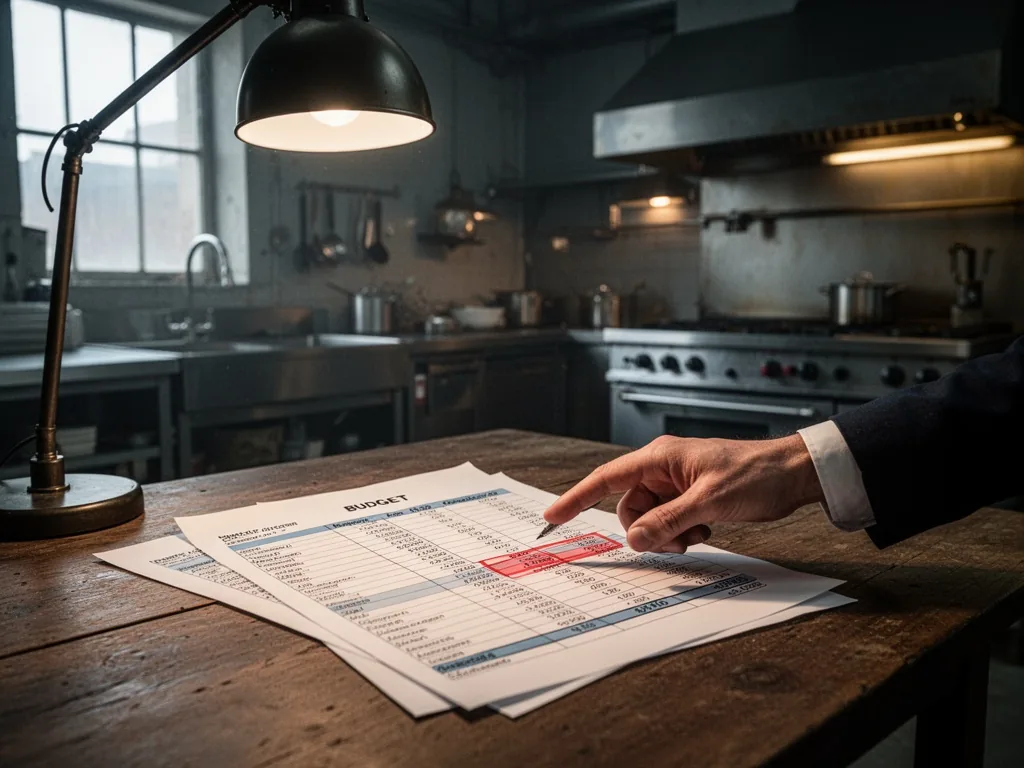 A wooden table with a printed budget spreadsheet, a banker's hand pointing at a highlighted total, dim office lamp overh