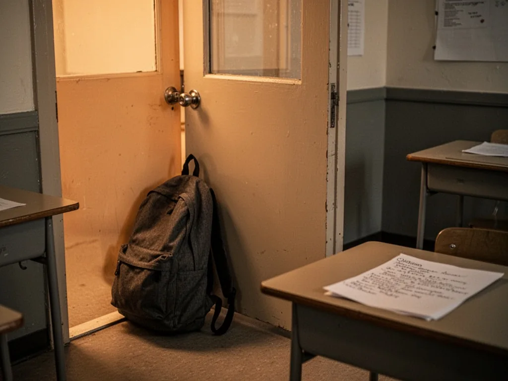 An open classroom door with a backpack leaning against the door frame, a single sheet of paper with handwritten notes pa