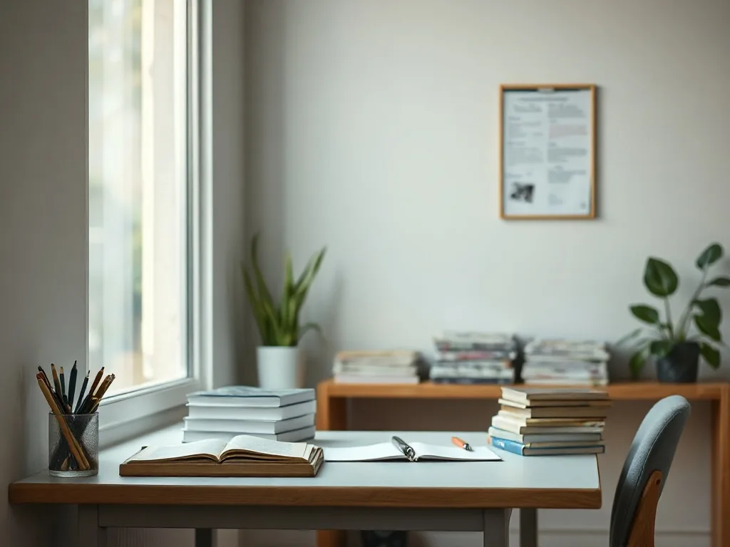 Un jeune professionnel assis à un bureau, un ordinateur ouvert devant lui, entouré de fiches de formation et d'un livre