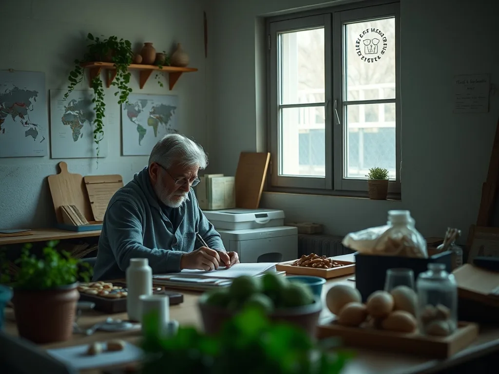 Un jeune agriculteur examine un épi de blé dans un champ, avec une grange en arrière-plan, sous une lumière de fin d’après-midi.
